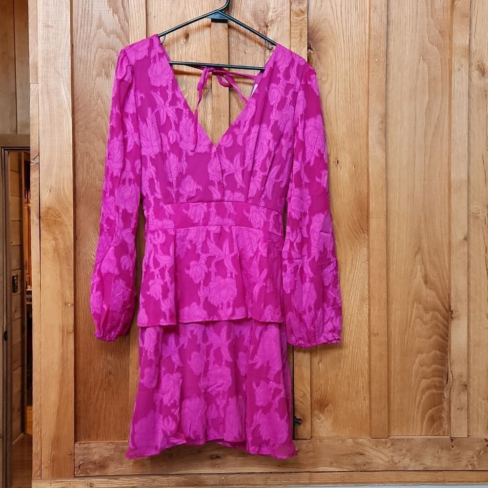 BOG 3/4 Sleeve Peplum Floral Tiered Ruffle3/4 Sleeve Mini Dress, Large, Pink